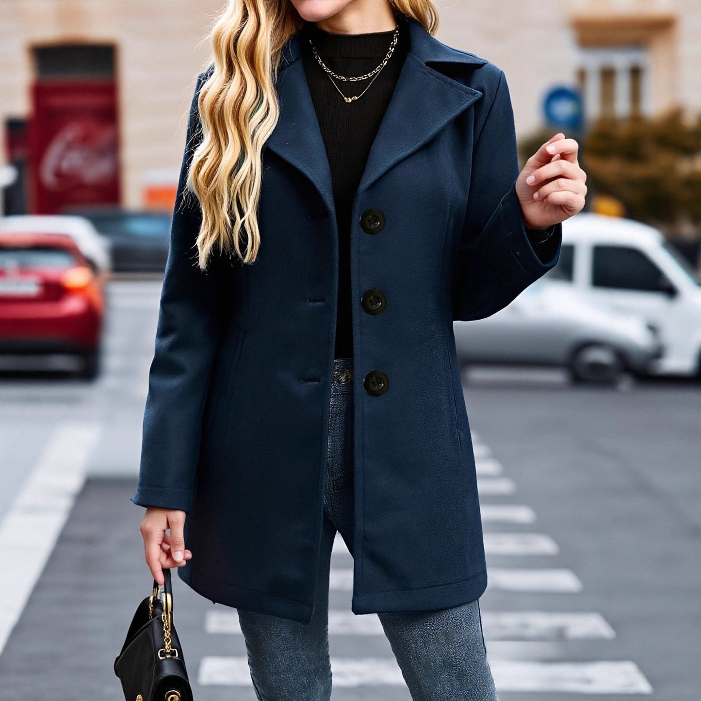 Manteau en laine femme, style français rétro, col cranté, coupe décontractée