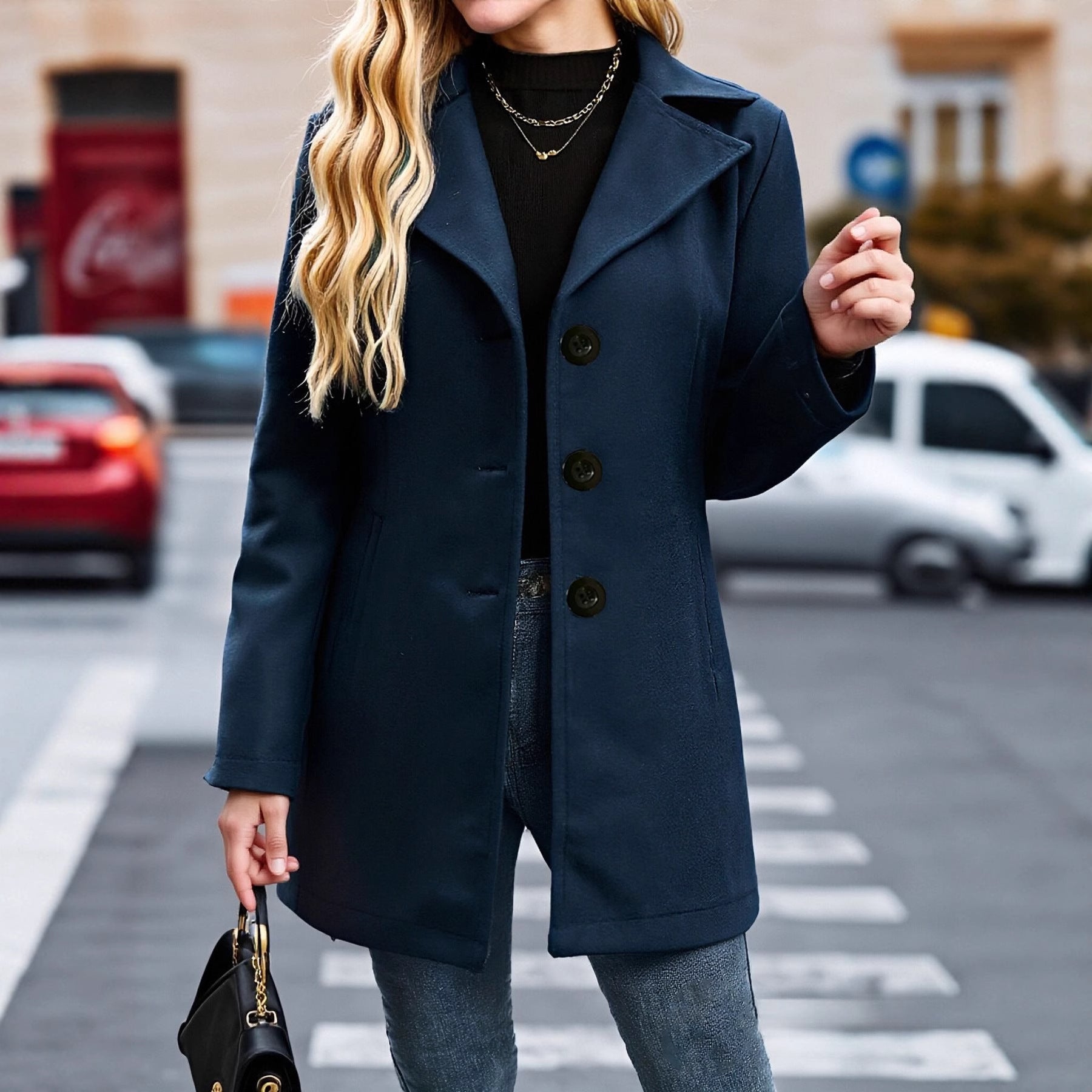 Manteau en laine femme, style français rétro, col cranté, coupe décontractée