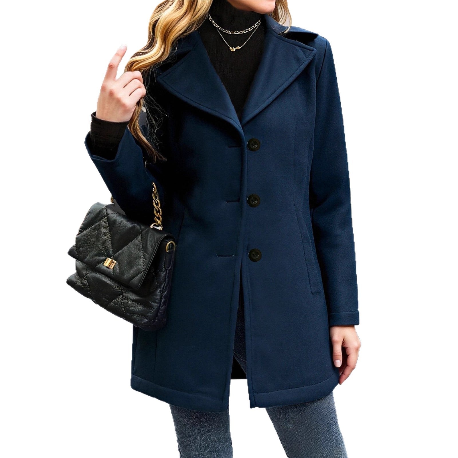 Manteau femme en laine style français vintage avec col cranté, coupe décontractée
