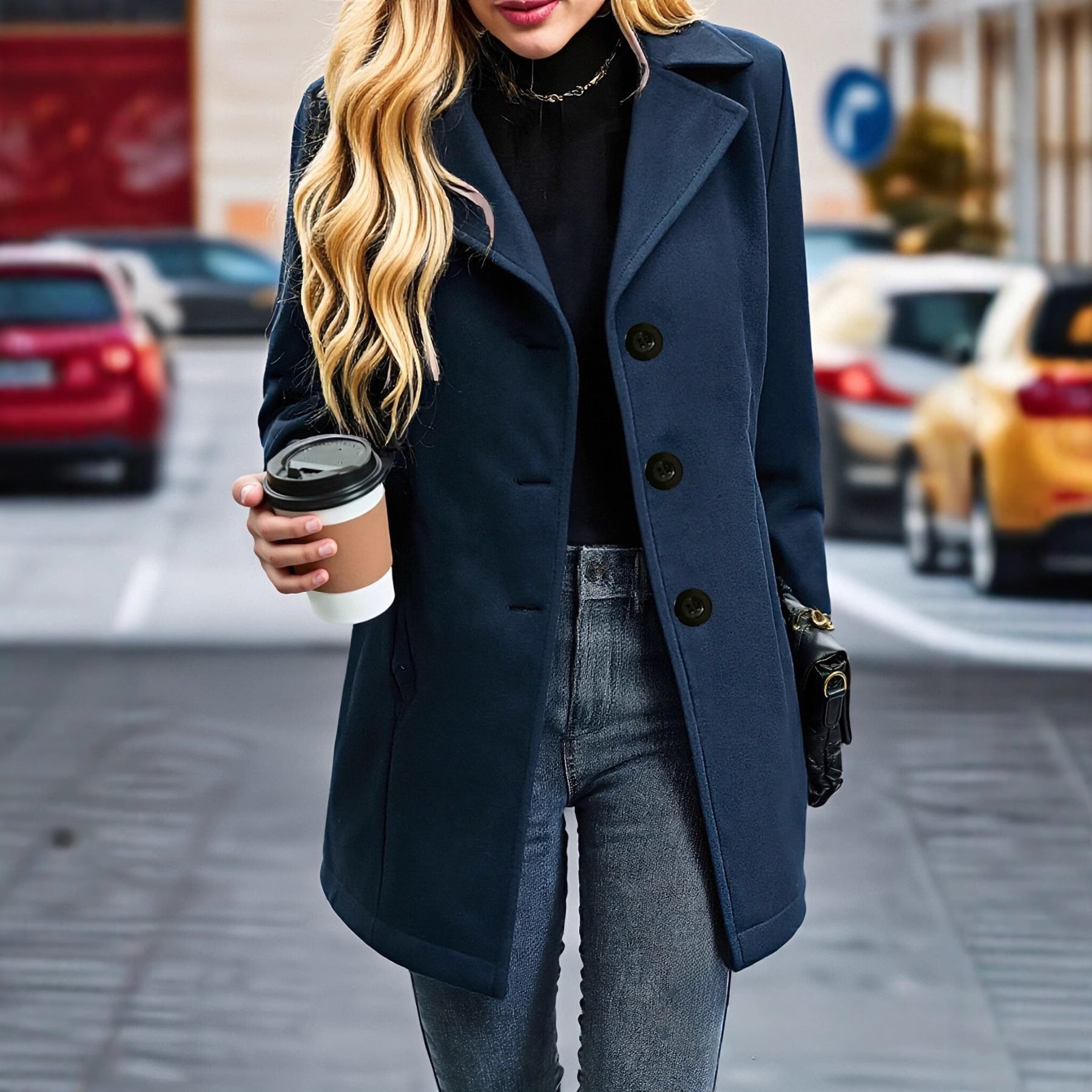 Manteau femme élégant vintage, style français, col cranté, coupe ample